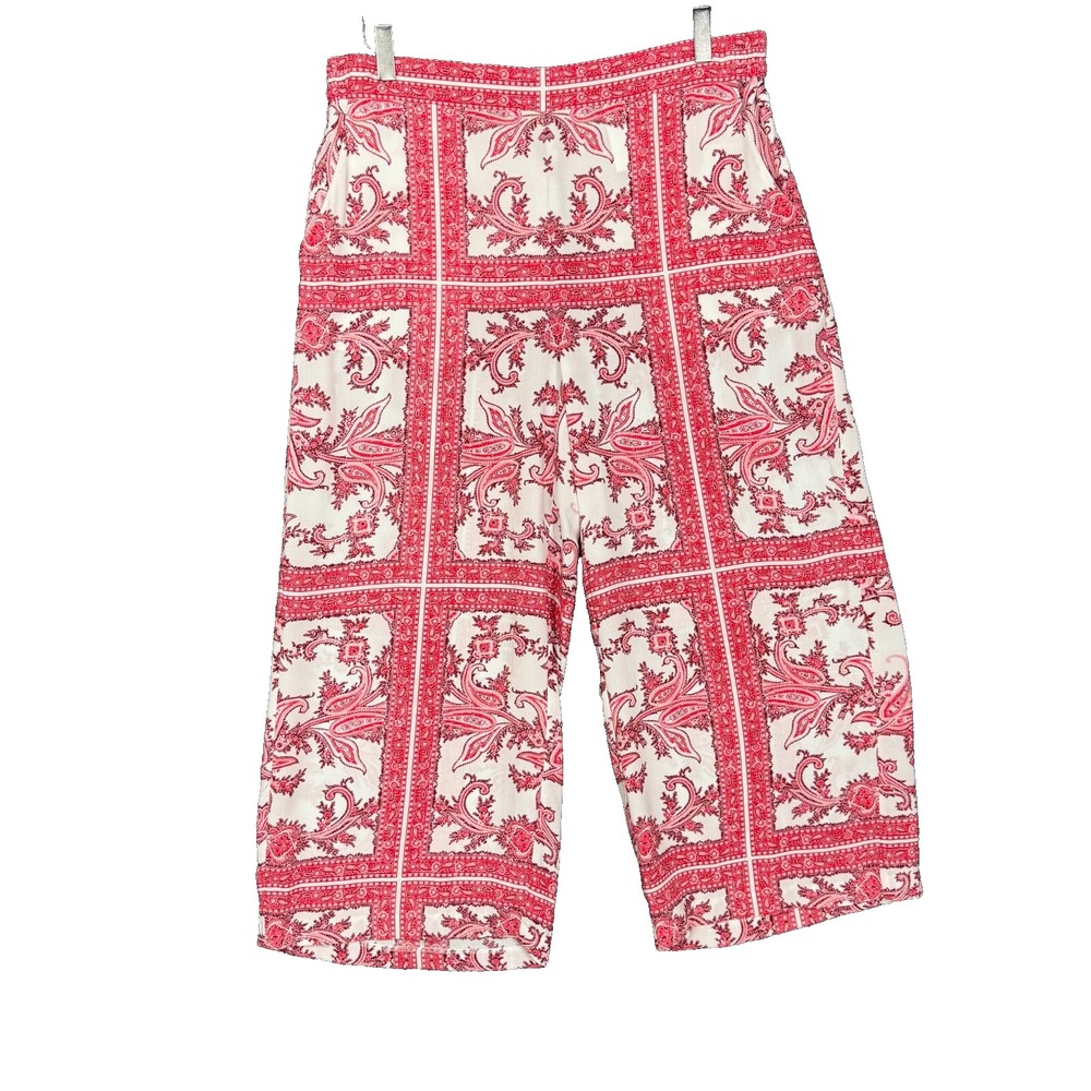 Michael Michael Kors Pants Womens Large Pink Print Wide Leg Crop Palazzo Pull On